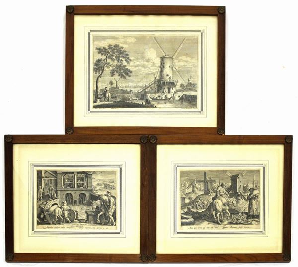 Tre incisioni, sec. XVIII, raffiguranti mulini, da Marco Ricci e dallo Stradanus, dimensione massima cm 36x25