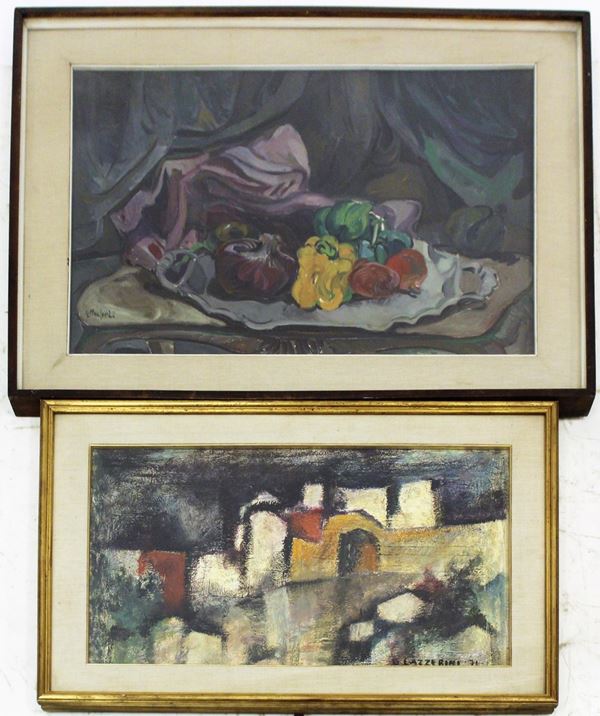Due dipinti ad olio su tela e su cartoncino telato, sec. XX, raffiguranti&nbsp;