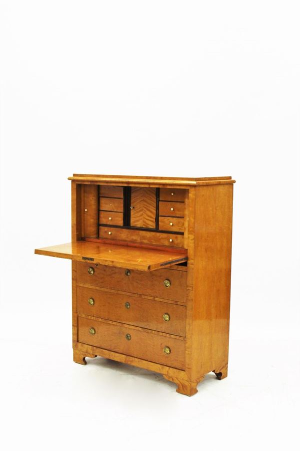 Secretaire, Austria, biedermeier, in acero fronte a tre cassetti e ribalta