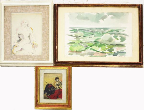 Due acquerelli su carta ed un olio su tela, sec. XX&nbsp;&nbsp;&nbsp;&nbsp;&nbsp;&nbsp;&nbsp;&nbsp;&nbsp;&nbsp;&nbsp;&nbsp;&nbsp;&nbsp;&nbsp;&nbsp;&nbsp;&nbsp;&nbsp;&nbsp;&nbsp;&nbsp;&nbsp;  - Asta ASTA A TEMPO - ANTIQUARIATO E COLLEZIONISMO - Poggio Bracciolini Casa d'Aste