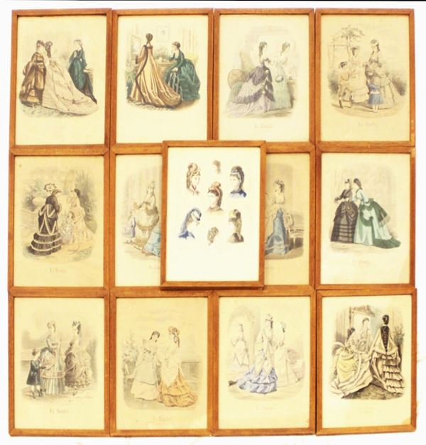 Tredici stampe incorniciate, datate 1870, raffiguranti modelli di abiti,&nbsp;&nbsp;