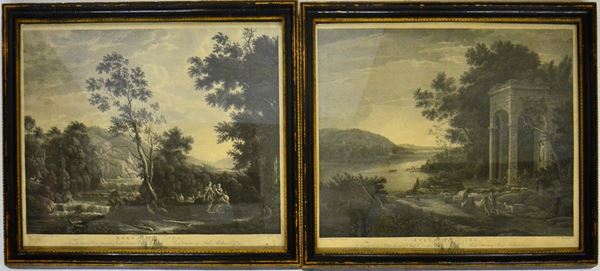 Coppia di incisioni all' acquaforte, sec. XIX, raffiffiguranti scene&nbsp;&nbsp;&nbsp;&nbsp;&nbsp;&nbsp;