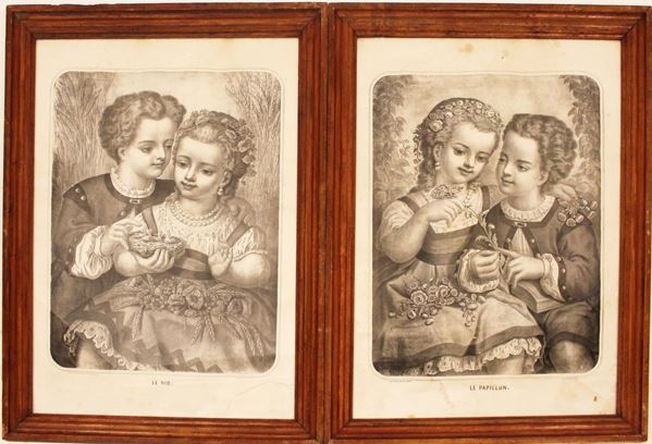 Coppia di litografie, Francia, fine sec. XIX, raffiguranti coppie di&nbsp;&nbsp;&nbsp;&nbsp;&nbsp;&nbsp;