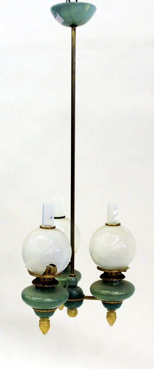 Lampadario a sospensione, Murano, sec. XX, in vetro nei toni del turchese,