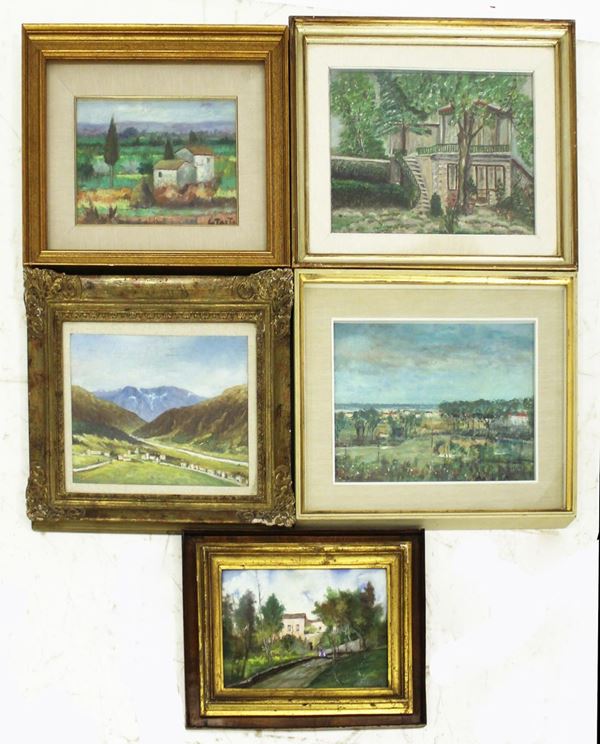 Quattro dipinti ad olio su tela, ed uno a tecnica mista, sec. XX,&nbsp;&nbsp;&nbsp;&nbsp;&nbsp;&nbsp;&nbsp;&nbsp;&nbsp;&nbsp;&nbsp;
