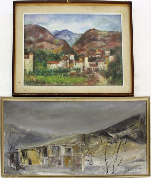 Due dipinti ad olio su tela, sec. XX, raffiguranti paesaggi, dimensioni&nbsp;&nbsp;&nbsp;