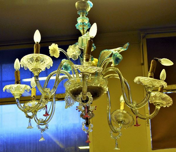 Lampadario, Murano, sec. XX, in vetro incolore e policromo, nove&nbsp; luci&nbsp;&nbsp;&nbsp;&nbsp;