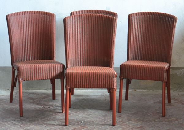Quattro sedie manifattura Llyod Lomm Ita, in midollino rosso, alt. cm 94&nbsp;&nbsp;