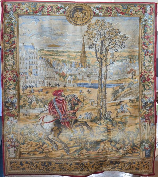Arazzo, sec. XX, rappresentante figura a cavallo, cm 116x132&nbsp;&nbsp;&nbsp;&nbsp;&nbsp;&nbsp;&nbsp;&nbsp;&nbsp;&nbsp;&nbsp;&nbsp;&nbsp;&nbsp;