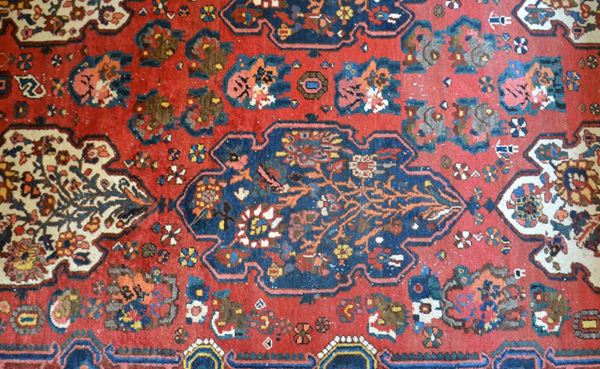 Tappeto persiano, sec. XX, fondo rosso a sei boechie centrali, cm 310x220,