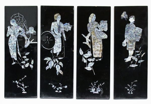 Quattro pannelli, Cina, sec. XX, in legno laccato e intarsiato in madreperla a figure femminili e motivi fitomorfi, cm 20x60, (4)