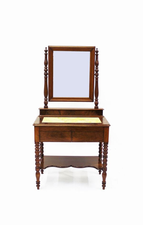 Toilette, Toscana, sec. XIX, in noce, piano in marmo giallo, sormontato da specchiera a bilico tra sostegni torniti, fronte a due cassetti allineati, gambe tornite raccordate da piano dal fronte sagomato, cm 90x53xx172