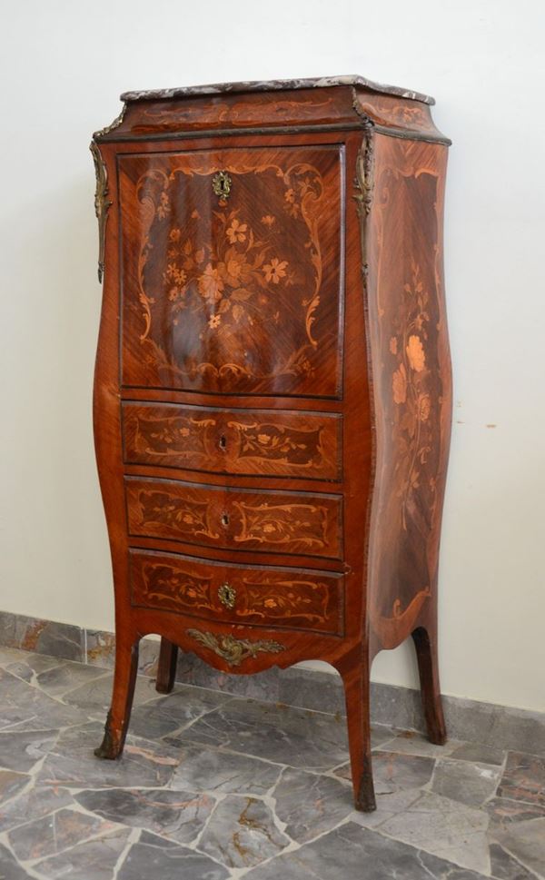Secretaire, Francia, sec. XX, in radica bombata e intarsiato, tre cassetti, piano in marmo, sportello con all'interno cassettini e vani, cm 66x35x135