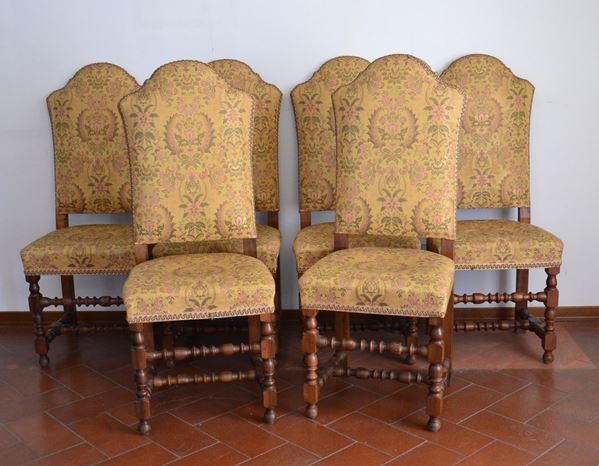 Sei sedie, in stile 700, in noce a birilli, sedute e schinali in tessuto a fiori, alt. cm 122 (6)