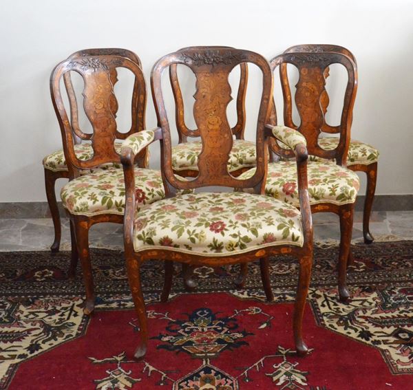 Poltroncina e sei sedie, Francia, sec. XIX, in noce intarsiato, spalliera con parte centrale sagomati, seduta rivestita con stoffa a fiori, alt. cm 98 (7)