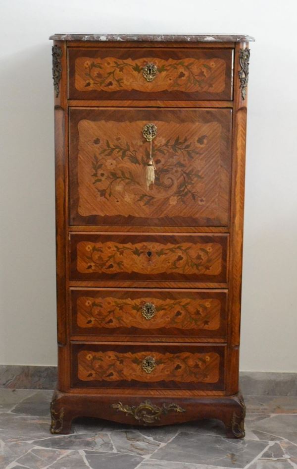 Segretaire, Francia, fine sec. XIX, in radica di noce e mogano, rapporti in metallo dorato, piano in marmo, cm 68x38x140