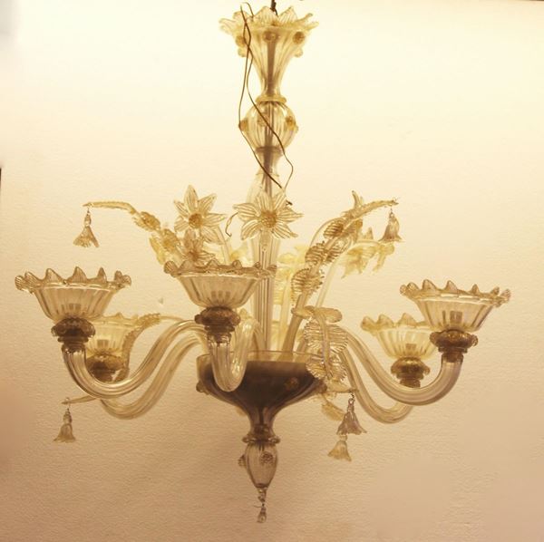 Lampadario, Murano, met&agrave; sec. XX, in vetro dorato, sei bracci disposti su un unico palco sormontati da decori floreali e fogliati, diam. cm 75 alt. cm 75&nbsp;&nbsp;&nbsp;&nbsp;&nbsp;&nbsp;&nbsp;&nbsp;&nbsp;&nbsp;&nbsp;&nbsp;&nbsp;&nbsp;&nbsp;&nbsp;&nbsp;&nbsp;&nbsp;&nbsp;&nbsp;&nbsp;&nbsp;&nbsp;&nbsp;&nbsp;&nbsp;&nbsp;&nbsp;&nbsp;&nbsp;&nbsp;&nbsp;&nbsp;&nbsp;&nbsp;&nbsp;&nbsp;&nbsp;&nbsp;&nbsp;&nbsp;&nbsp;&nbsp;