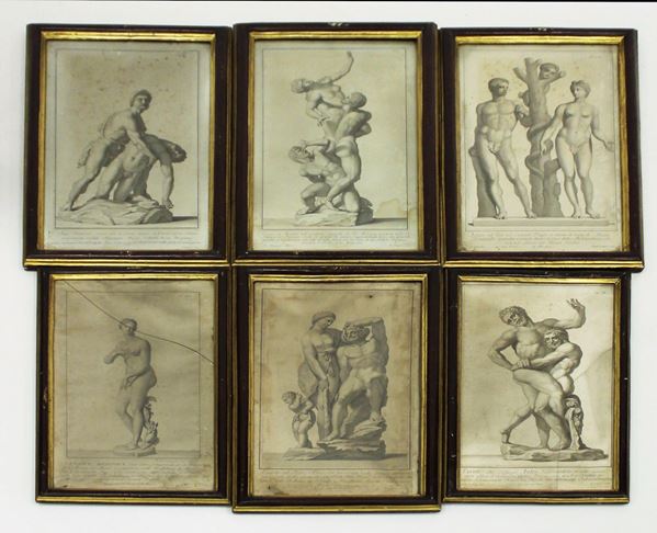 Sei acquefroti, sec. XVIII/XIX, raffiguranti sculture classiche, dimensioni massime cm 51x29,5 (6)