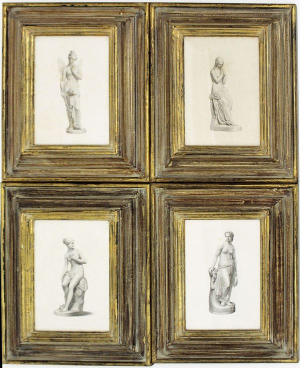 Quattro incisioni, met&agrave; sec. XIX, da lastra in acciaio su carta, raffiguranti riproduzioni di sculture, cm 18,5x27