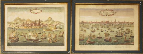 Due incisioni all' acquaforte acquerellate, sec. XVII, raffiguranti vedute del di Algeri ed Amsterdam, folio cm 41x53,5 (2)