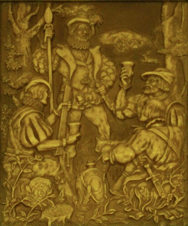 Altorilievo, sec. XIX, in cera, raffigurante cacciatori, cm 25x30, difetti