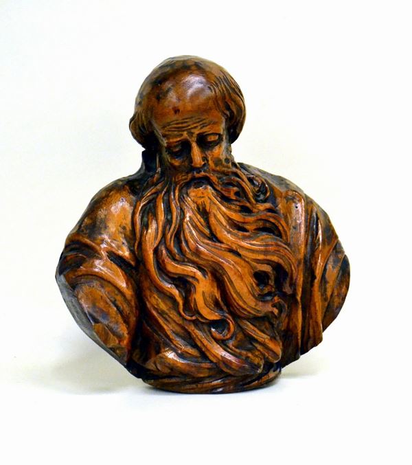 Scultura, sec. XX, in legno scolpito, raffigurante anziano con barba, alt.