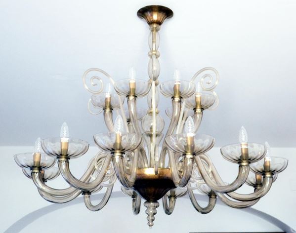 Lampadario, sec. XIX, in vetro di Murano a diciotto luci con foglie, cm&nbsp;&nbsp;&nbsp;