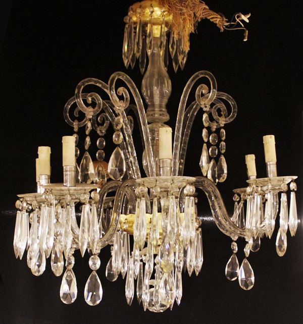 Lampadario a sospensione, sec. XX, in cristallo incolore, otto bracci&nbsp;&nbsp;&nbsp;&nbsp;&nbsp;