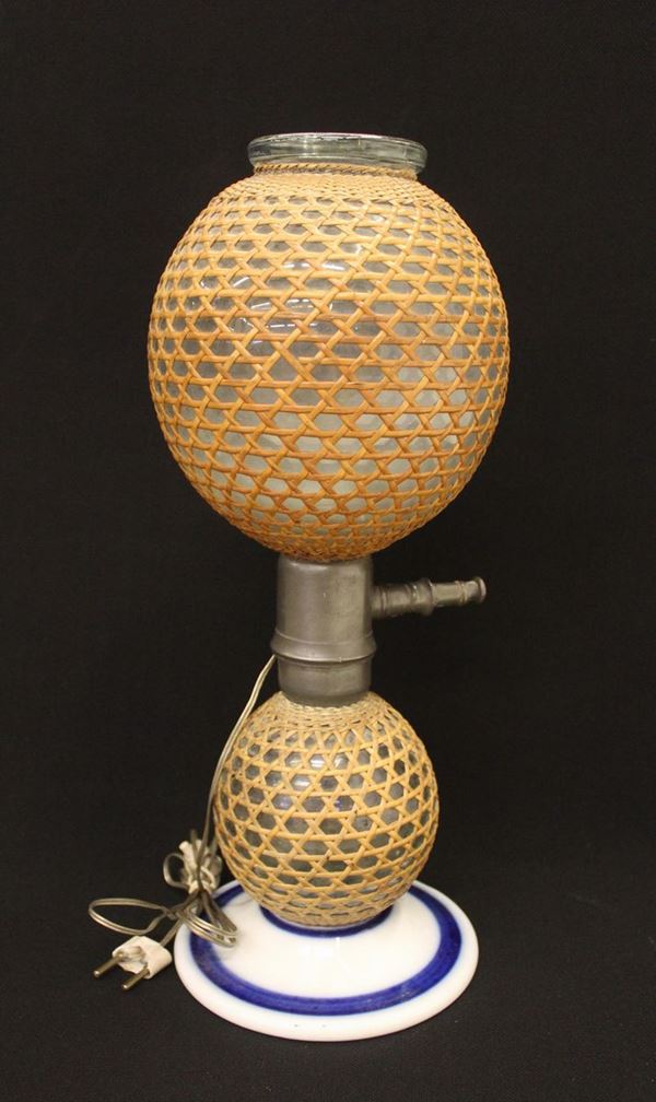 Lampada, sec. XX, in ceramica e vetro, realizzata con bottiglie di seltz,&nbsp;