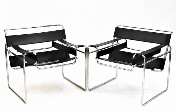 Coppia di poltrone, sec. XX, nello stile di Wassily Marcel Breuer,&nbsp;&nbsp;&nbsp;&nbsp;&nbsp;&nbsp;&nbsp;&nbsp;