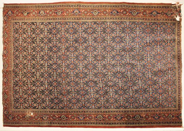 Tappeto persiano, Malayer, sec.XX, impianto a moduli floreali su campo blu,