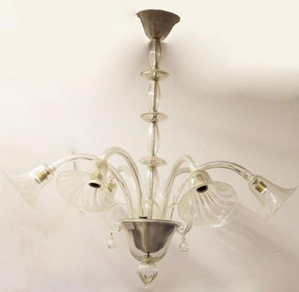 Lampadario, Murano, prima met&agrave; sec. XX, in vetro incolore, sei bracci&nbsp;&nbsp;&nbsp;&nbsp;&nbsp;