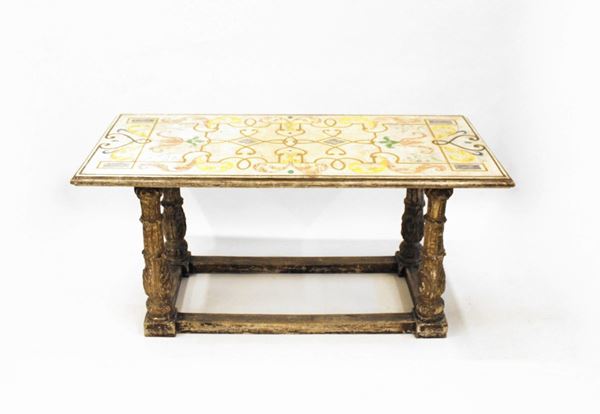 Tavolo, sec. XX, piano in legno rettangolare laccato e dipinto in&nbsp;&nbsp;&nbsp;&nbsp;&nbsp;&nbsp;&nbsp;&nbsp;&nbsp;