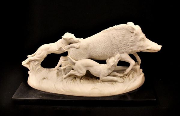 Scultura, sec. XIX, in marmo bianco di Carrara, raffigurante cinghiale&nbsp;&nbsp;&nbsp;&nbsp;
