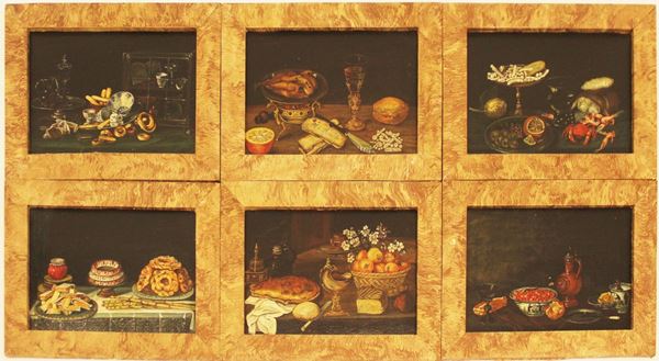 Sei riproduzioni di nature morte in stile 700, ingombro cm 36,5x27,5 (6)&nbsp;&nbsp;