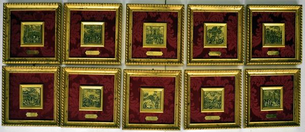 Dodici formelle, sec. XX, raffiguranti Porta&nbsp;&nbsp;&nbsp;&nbsp;&nbsp;&nbsp;&nbsp;&nbsp;&nbsp;&nbsp;&nbsp;&nbsp;&nbsp;&nbsp;&nbsp;&nbsp;&nbsp;&nbsp;&nbsp;&nbsp;&nbsp;&nbsp;&nbsp;&nbsp;&nbsp;&nbsp;&nbsp;&nbsp;&nbsp;&nbsp;  - Asta ASTA A TEMPO- GIOIELLI, ARREDI D'ANTIQUARIATO, DIPINTI E SCULTURE - Poggio Bracciolini Casa d'Aste