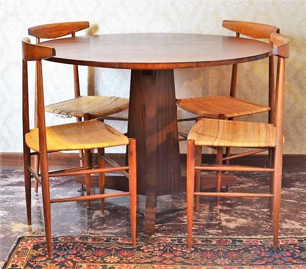 Tavolo e quattro sedie, anni 50, in palissandro,                            - Asta ASTA A TEMPO- GIOIELLI, ARREDI D'ANTIQUARIATO, DIPINTI E SCULTURE - Poggio Bracciolini Casa d'Aste