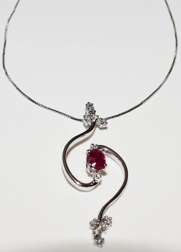 COLLANA IN ORO BIANCO , DIAMANTI E RUBINO