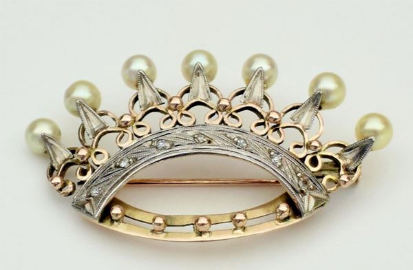 SPILLA IN ORO GIALLO,ORO BIANCO , DIAMANTI E PERLE
