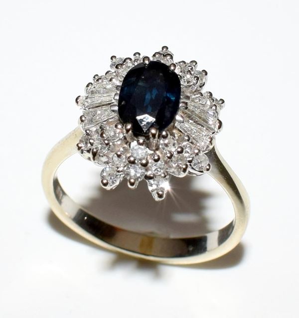 ANELLO IN ORO BIANCO , DIAMANTI E ZAFFIRO