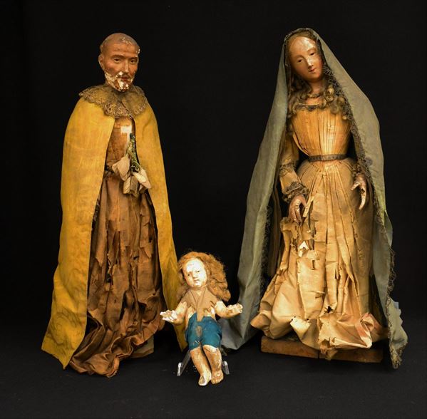 Tre sculture, sec. XVIII, in cartapesta e gesso,