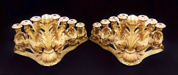 Coppia di candelabri angolari, sec. XVIII, in legno scolpito e dorato, sette bracci disposti in linea, spigolo scolpito a a motivi fitomorfi tra girali desinete in ampio riccolo, alt. cm 44, (2)