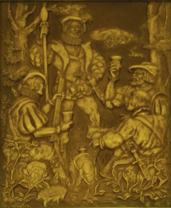 Altorilievo, sec. XIX, in cera, raffigurante cacciatori, cm 25x30, difetti