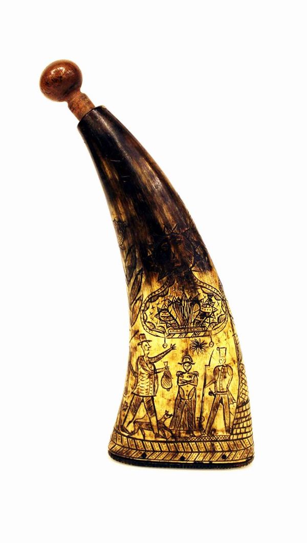 Fiasca da polvere, sec. XVIII/inizio XIX, in osso inciso con figure&nbsp;&nbsp;&nbsp;&nbsp;&nbsp;&nbsp;&nbsp;