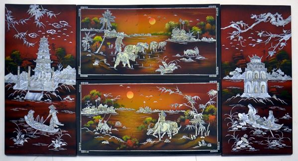 Quattro pannelli con decori in madreperla, arte orientale, sec. XX, raffiguranti paesaggi, cm 78x38 (4)