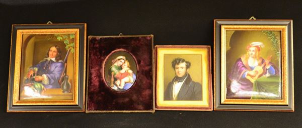 Quattro miniature , Francia, sec. XIX e XX, in porcellana,