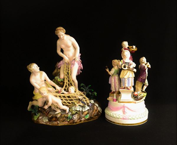 Due gruppi, sec. XX, manifattura Meissen, in ceramica,