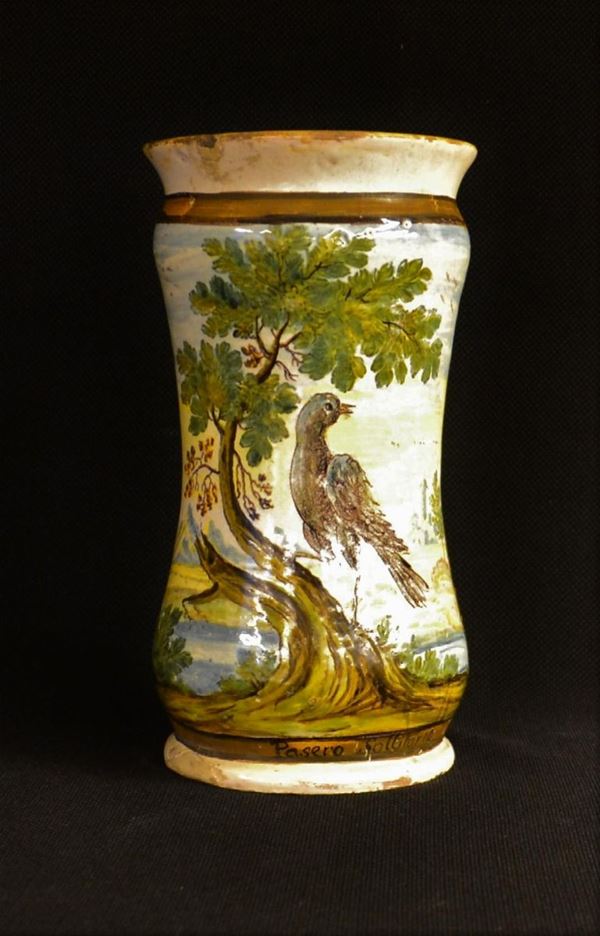 Albarello, sec. XVIII, in maiolica decorata e dipinta