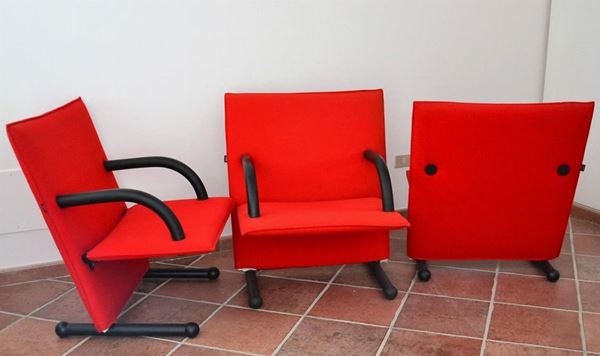 Sei poltrone, sec. XX, manifattura Artflex, in plastica e tessuto rosso,&nbsp;&nbsp;