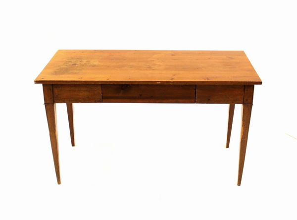 Tavolo, sec. XIX, in legno di conifera, piano rettangolare, cassetto nella fascia, gambe troncopiramidali rastremate, cm 139x65x79